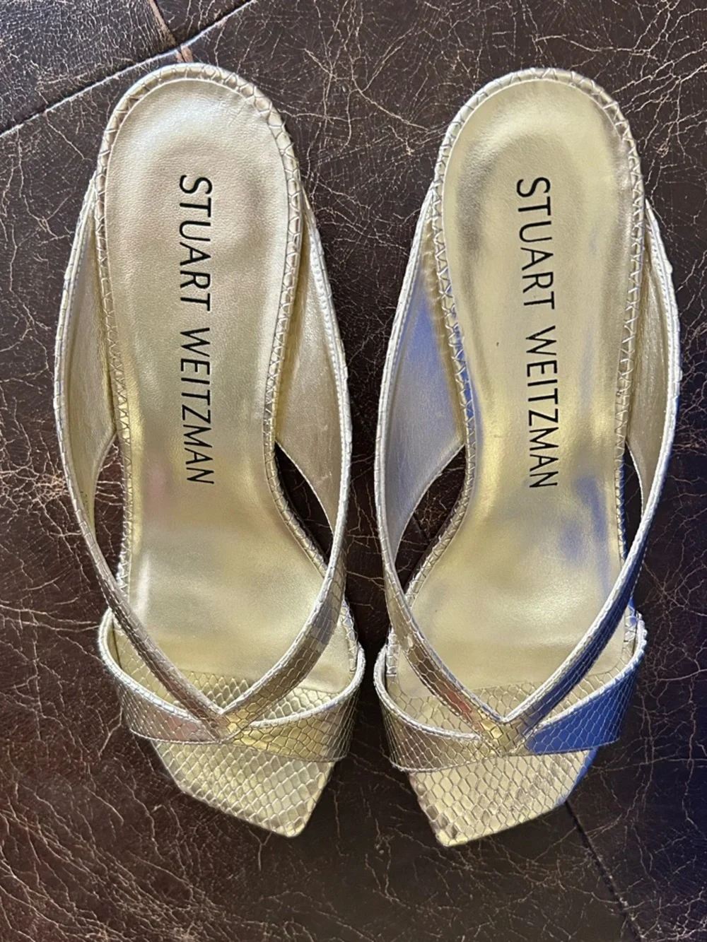 Stuart Weitzman Miami Wedge Slide Sandals Metallic Snake Print Textured Gold - Picture 6 of 11